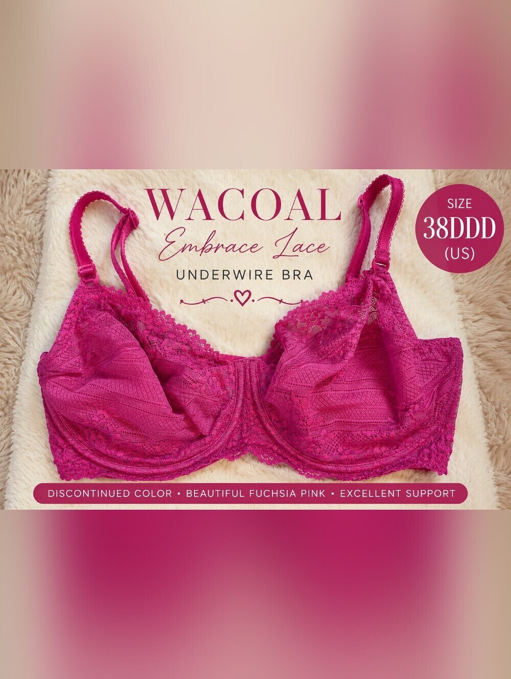 Wacoal 38DDD Embrace Lace Underwire Bra Fuchsia Pink Unlined Lace 85191